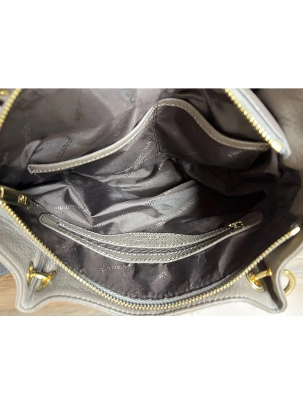 Pierre Cardin Pebbled Leather Satchel Bag Deep Taupe Gold Hardware - Top Handle